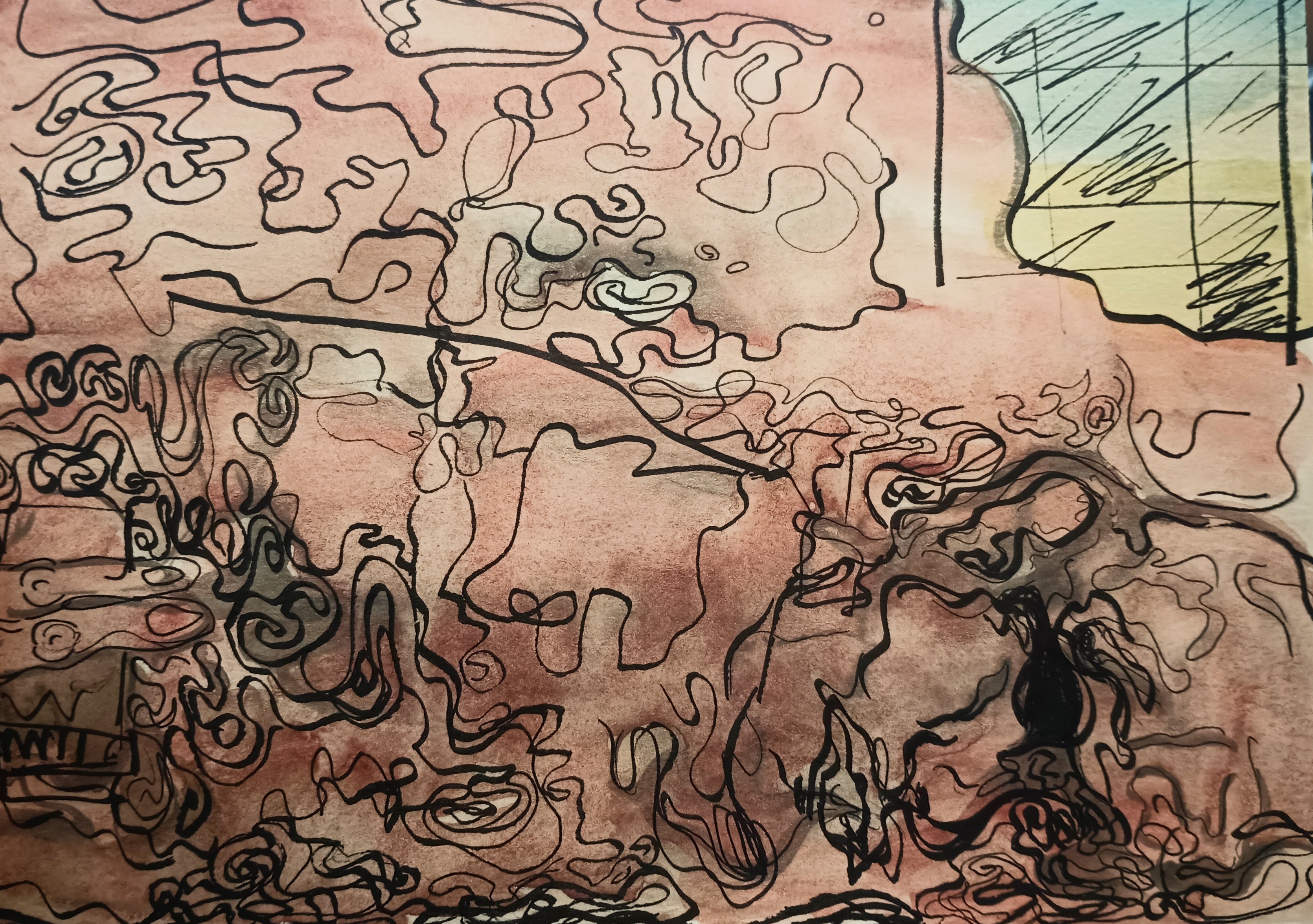 field of neutral shades with curved and squiggly black lines throughout, concentrated at lower right, window with light blue in upper right corner