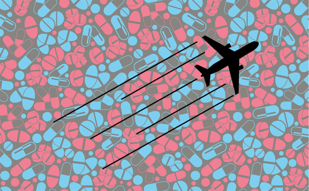 An airplane icon flies over a pattern of blue and red pills