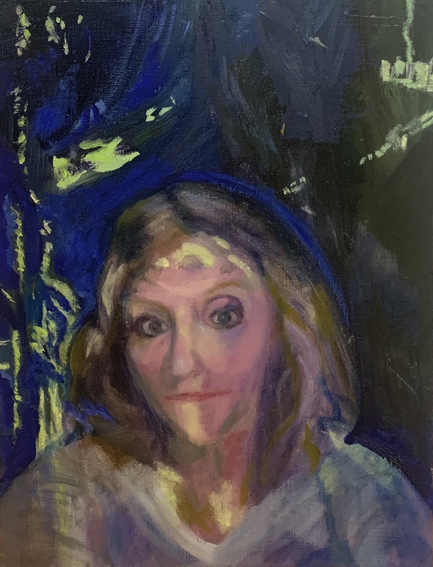 A painted portrait of a woman in soft, muted colors with a dark background.