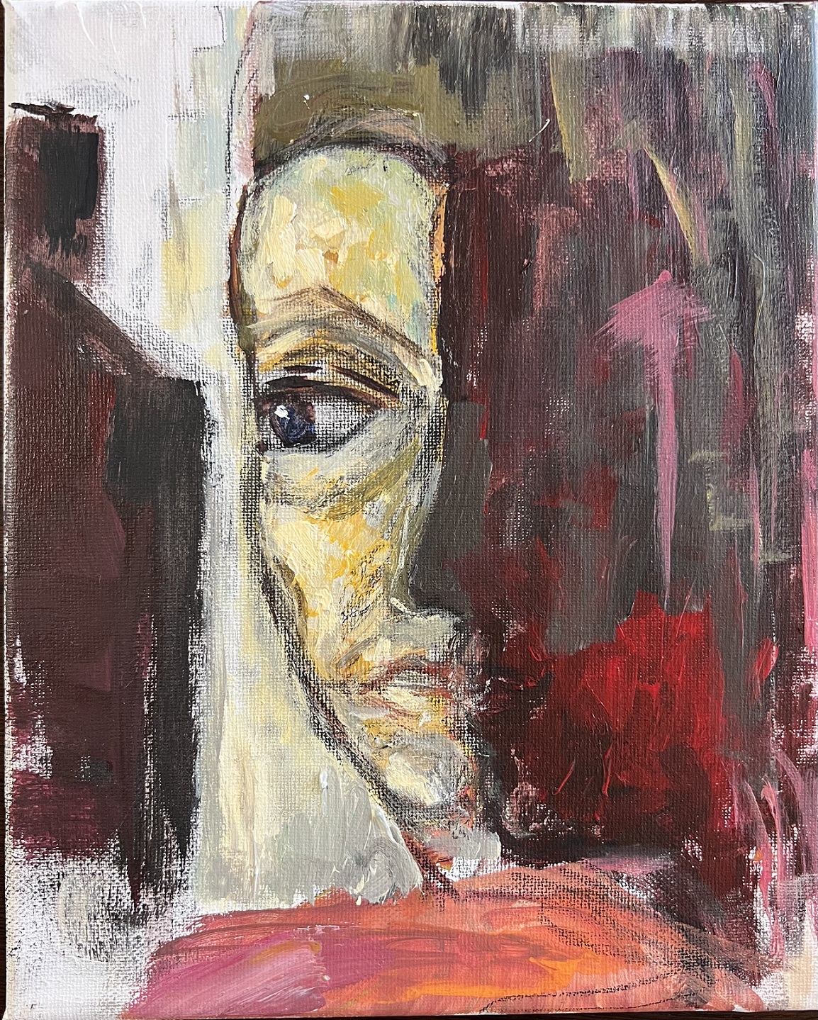 An abstract painting of a human face with the silhouette of another face in profile covering half of it like a shadow.
