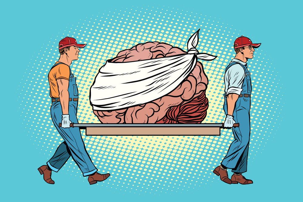 Pop art style. Two workers carry a bandaged brain on a stretcher.
