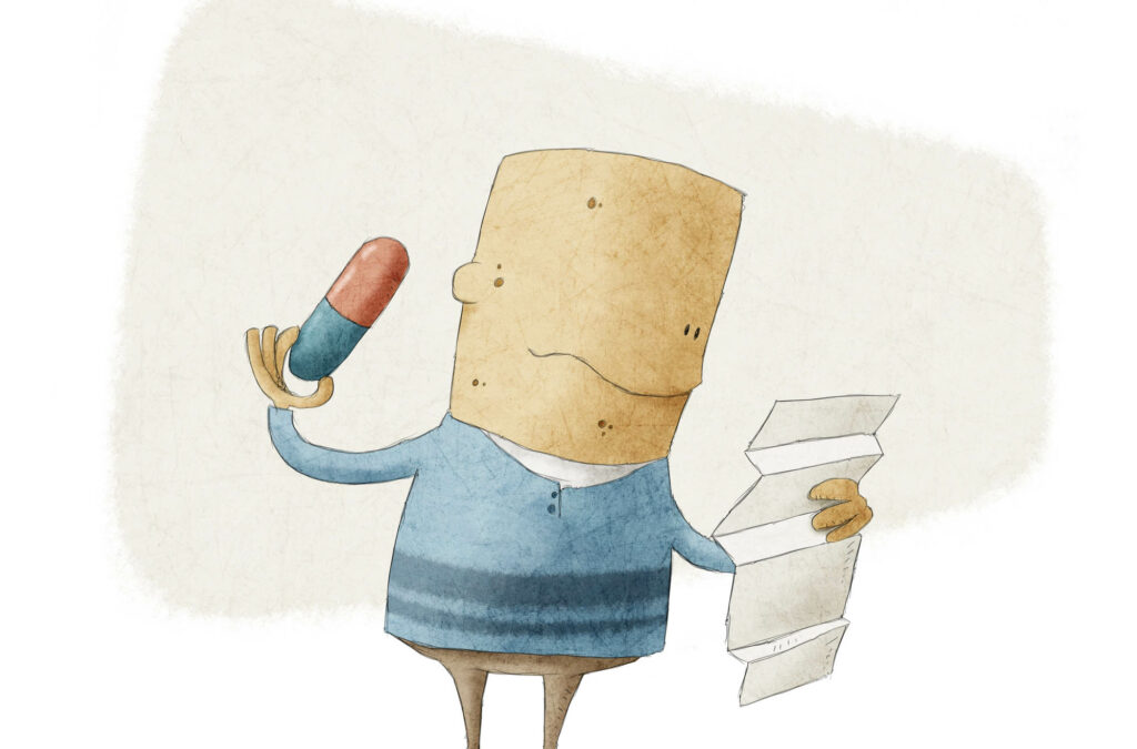 Illustration of a person nervously holding a pill and a long document