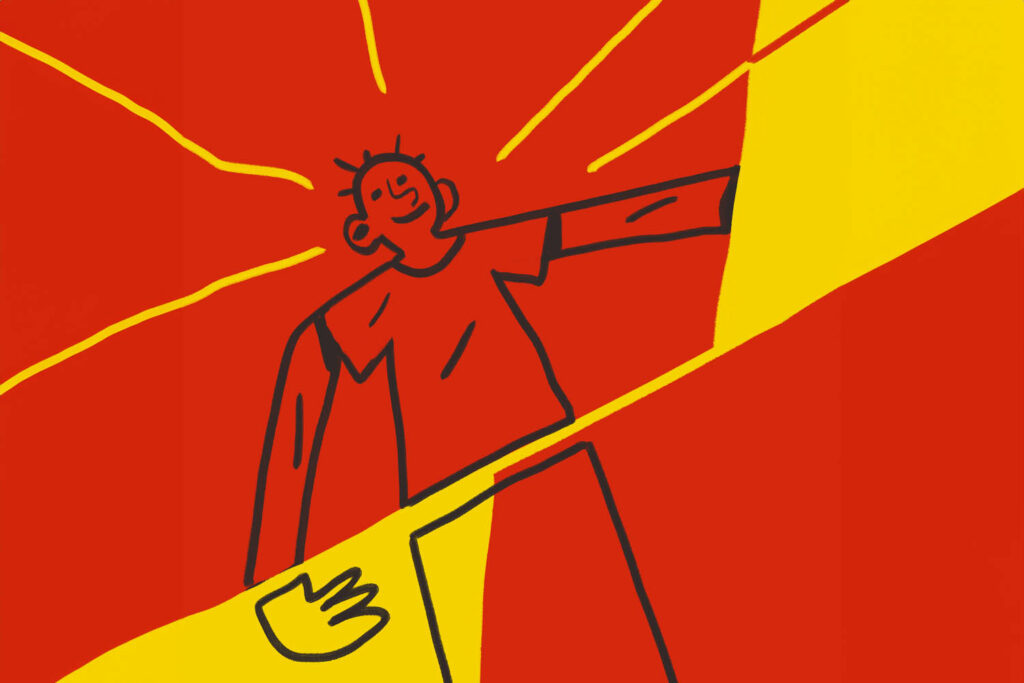 Line art of a person smiling; abstract orange and yellow blocks