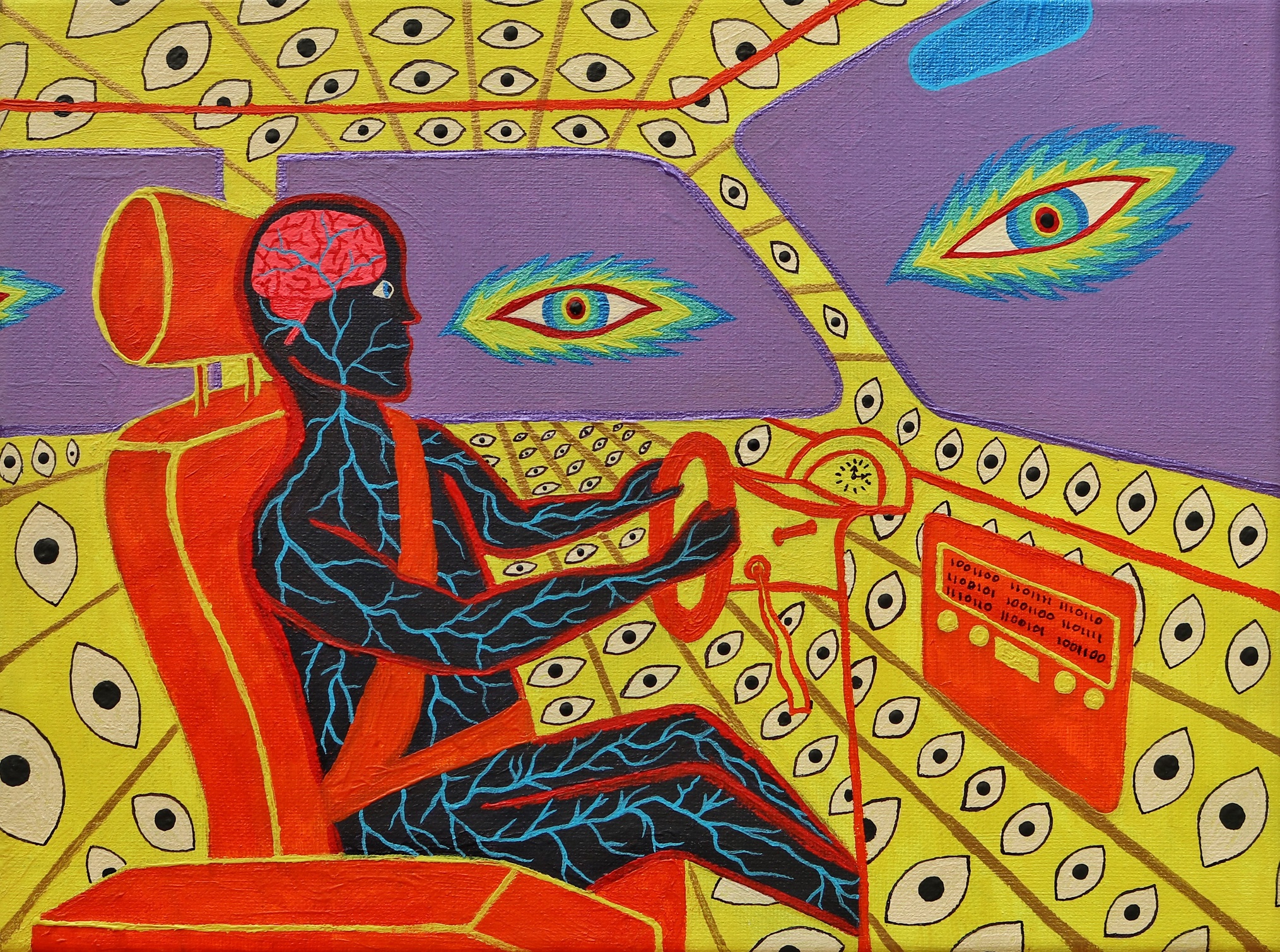 A transparent human figure whose brains and veins can be seen is sitting behind the wheel of a vehicle covered in eyes -- large flaming eyes can be seen through the windows.