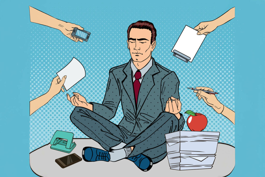 Pop Art Businessman Meditating on the Office Table at Multi Tasking Work. Vector illustration