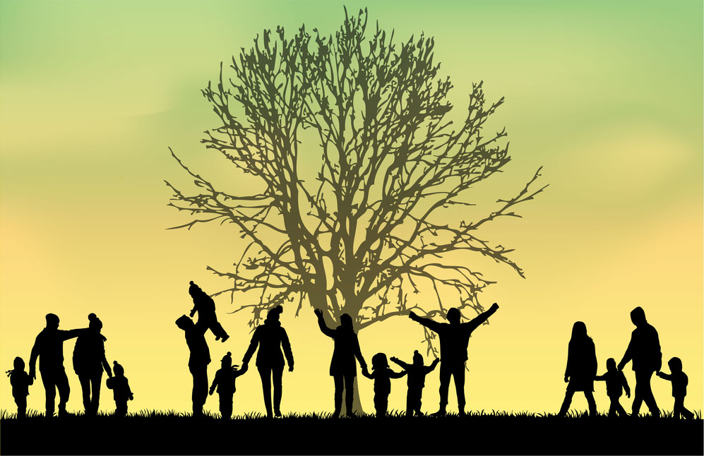 Family silhouettes against a green and yellow background of a tree