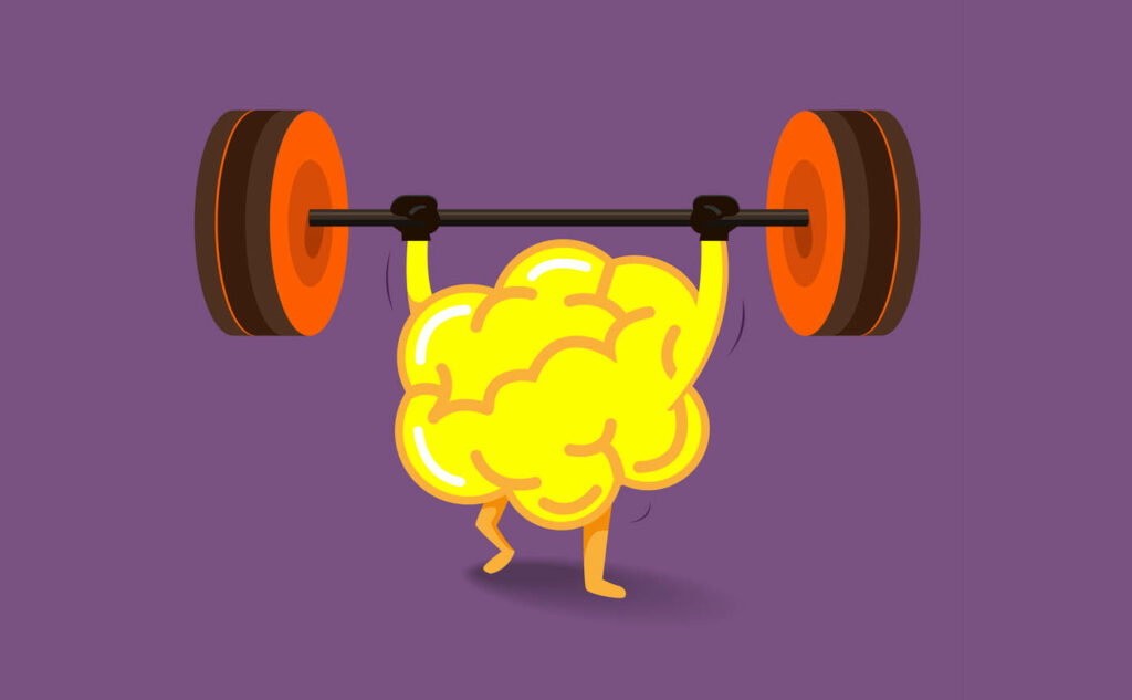 Cartoon illustration of a yellow brain lifting weights on a purple background