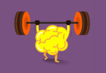 ADHD and “Weak Muscle Disorder” Cartoon illustration of a yellow brain lifting weights on a purple background