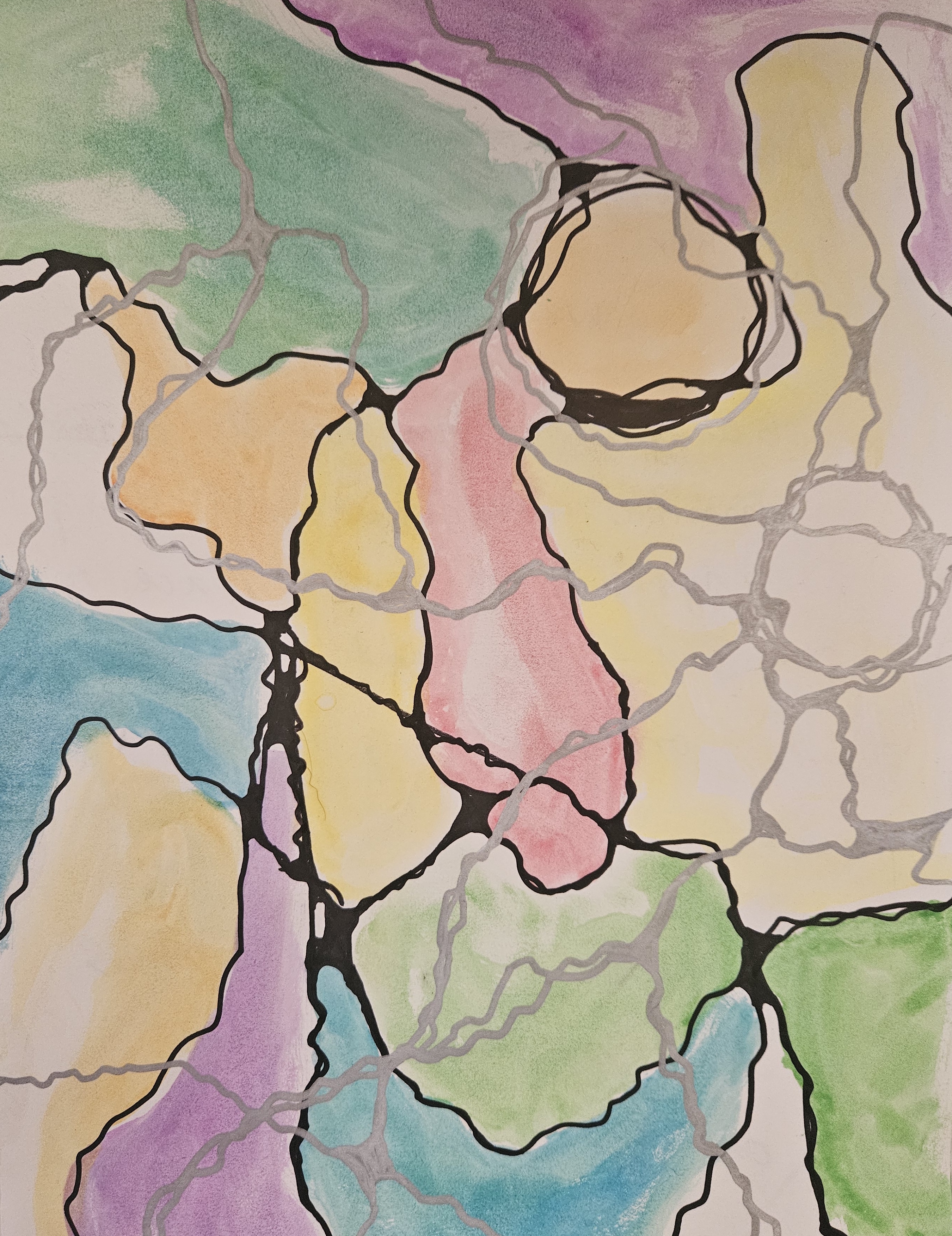 Light pastel colors and loose, free shapes and lines.