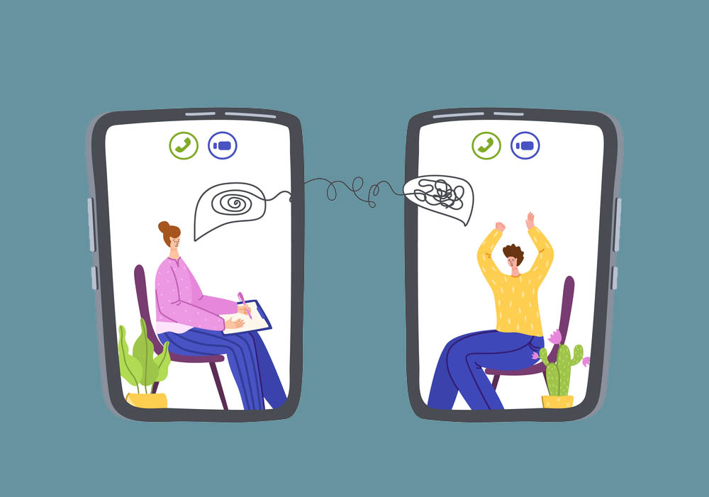 Vector illustration of two phones, one with a therapist and one a client