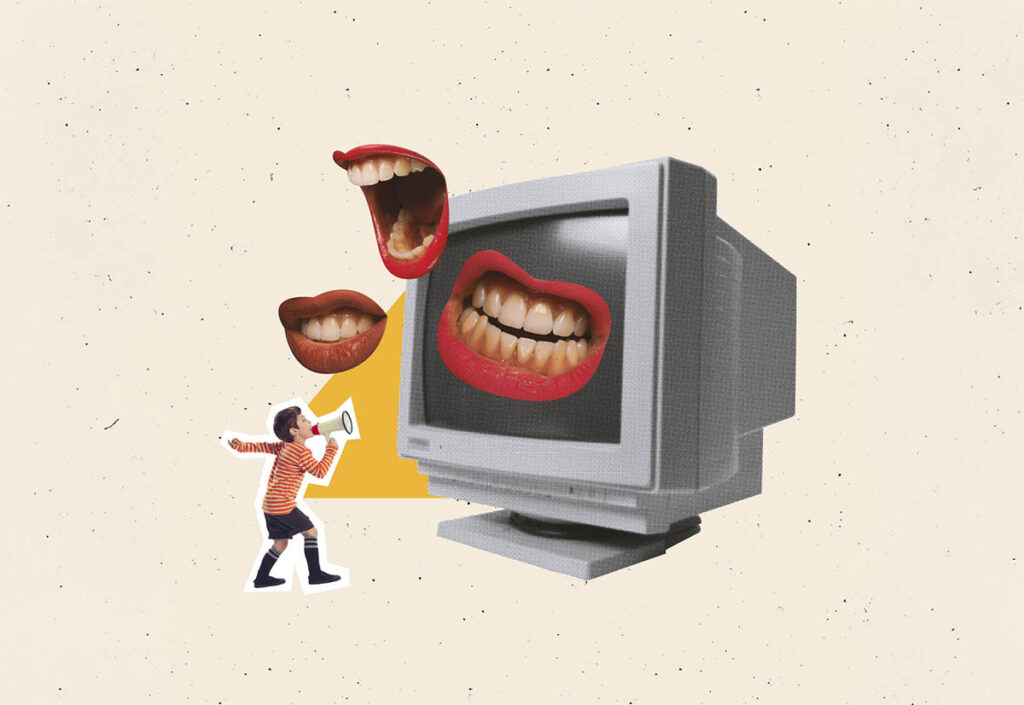 Contemporary art collage. Little boy, child shouting in megaphone on retro TV set symbolizing try to reach to information medium. Concept of social media, influence, news, childhood, creativity