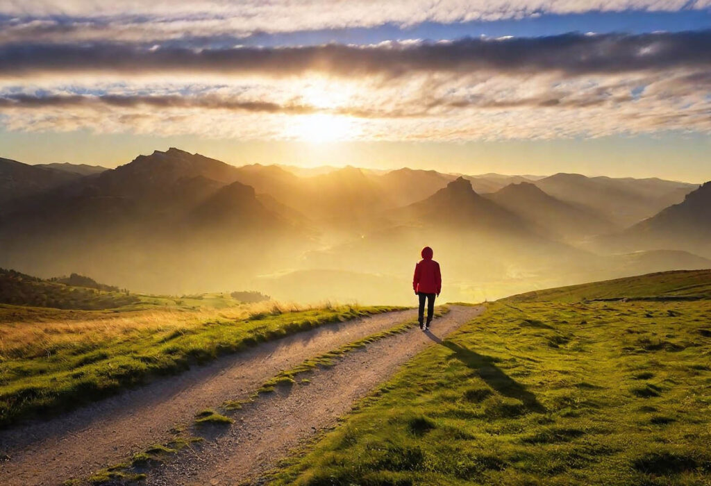 A person walking on a hill toward a sunrise