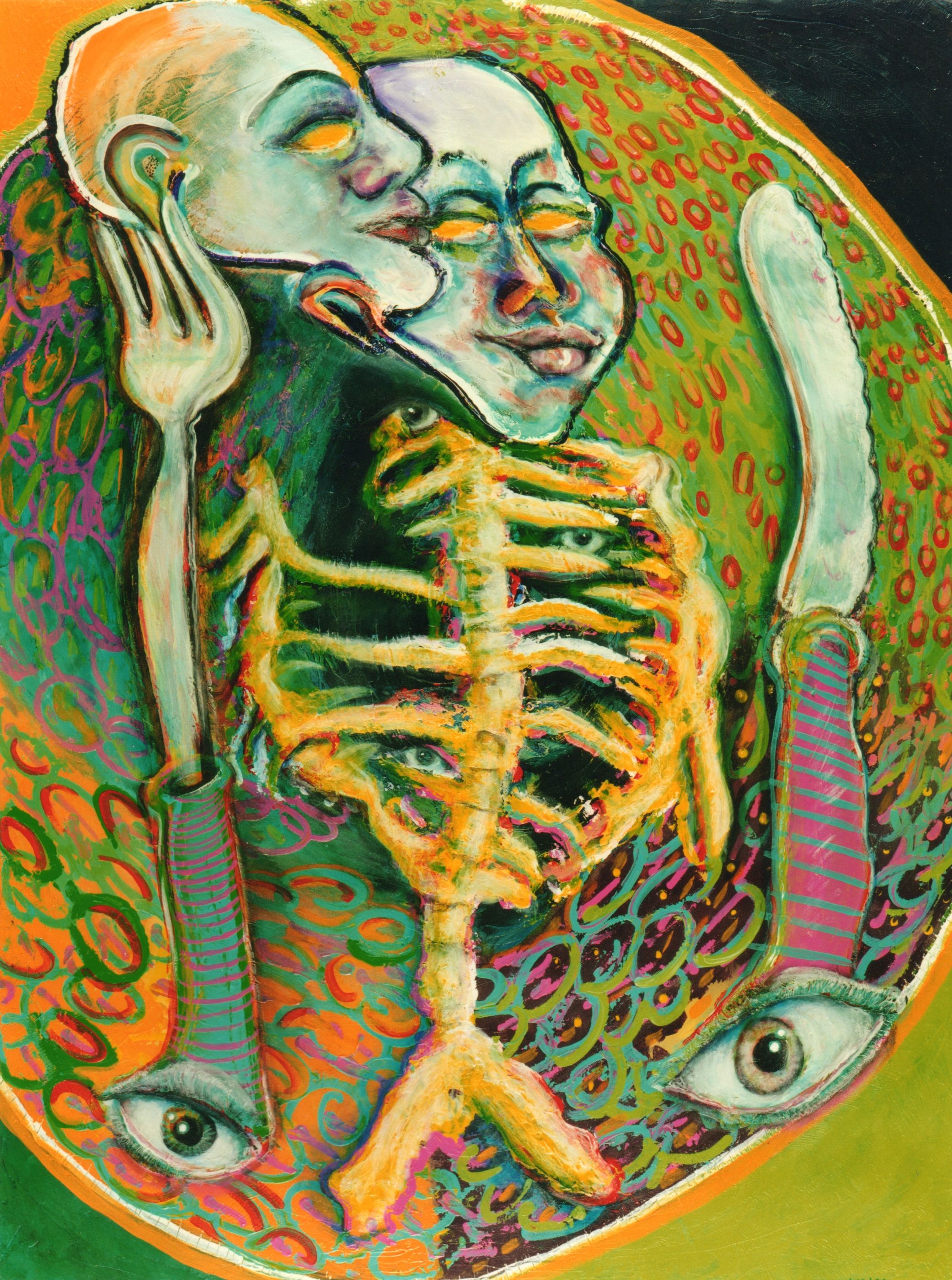 The artwork presents a striking and surreal depiction of human figures intertwined with a skeletal structure, framed by a large fork and knife. The composition is vibrant, utilizing a palette dominated by lively greens, yellows, and oranges. The figures' faces are expressive, with closed eyes and serene expressions, contrasting with the dynamic background filled with swirling patterns and eye motifs. This juxtaposition creates a sense of harmony and tension