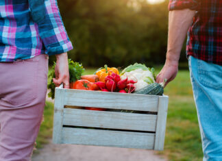 wooden box with farm vegetables in the hands of men and women, close-up. vegetarianism, healthy eating, autumn harvest, farming, without nitrates