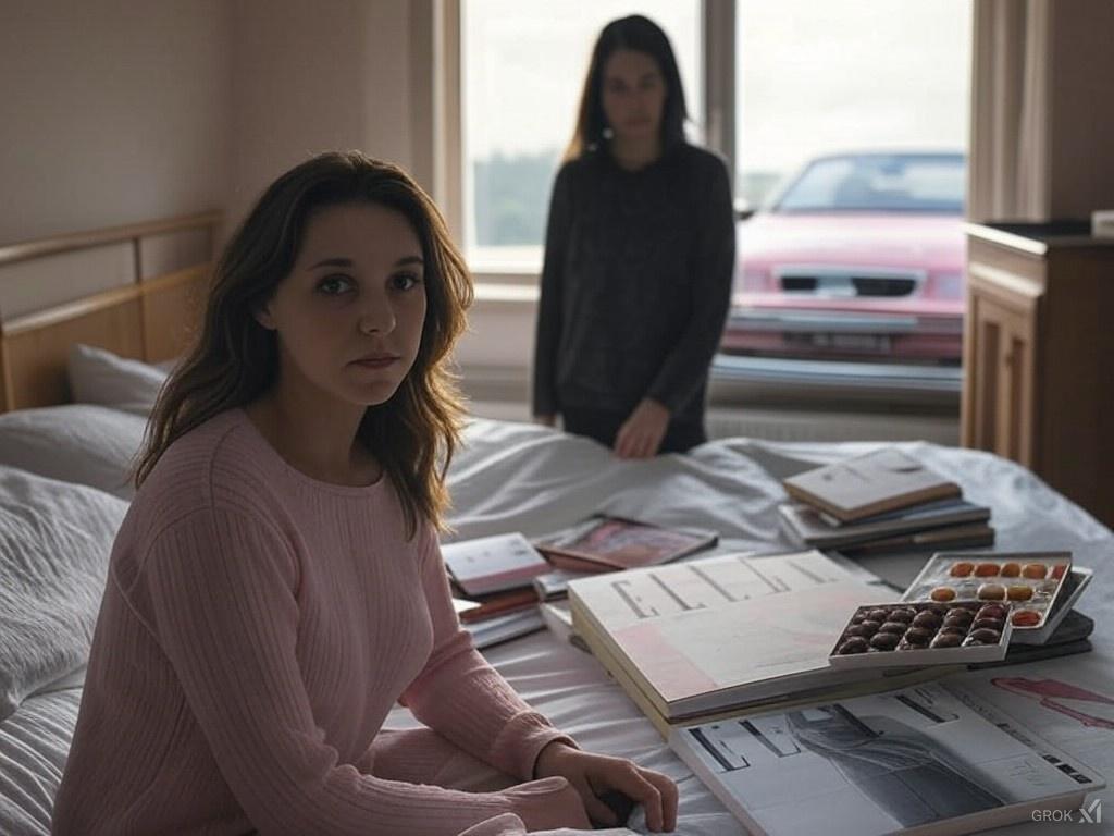 Two women, one looking sadly at the viewer and the other standing out of focus in the background. Magazines and chocolates on the bed. A pink convertible out of focus through the window in the background.