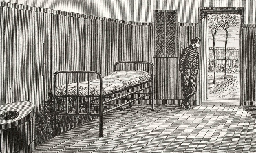 Engraving-style art of a person looking out the door of an asylum room
