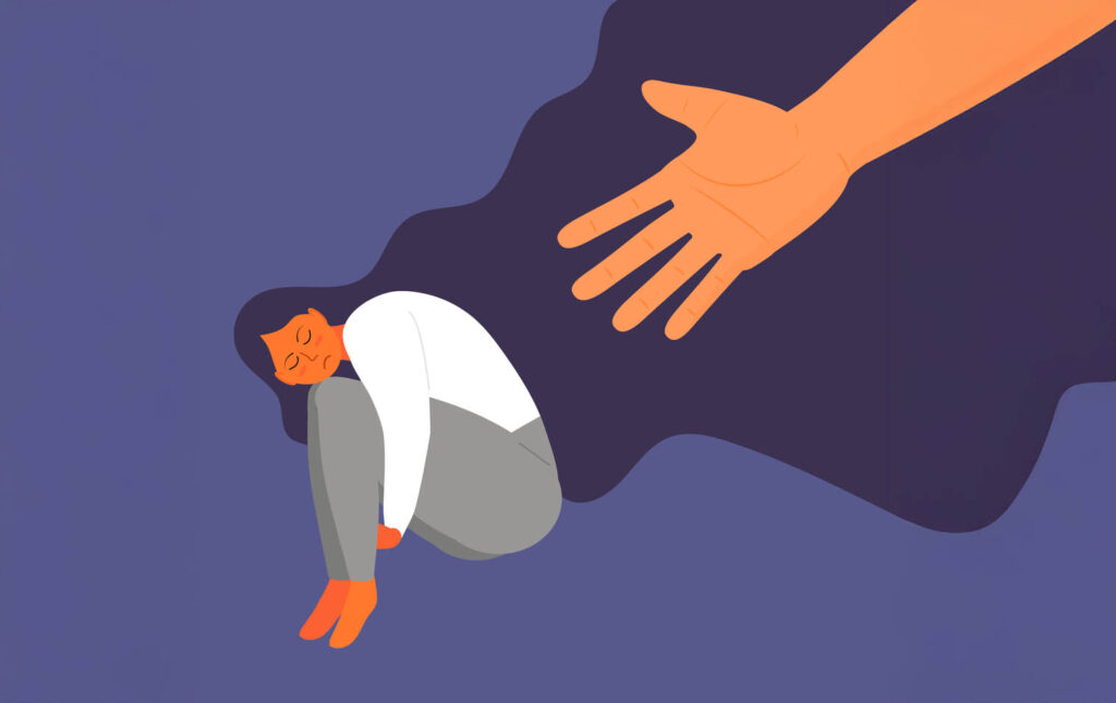 Stressed, frustrated girl concept vector. Scene of accusation in life, depression in work. Human hand helps lonely woman. Upset girl with long hair sits and hugs her knees.