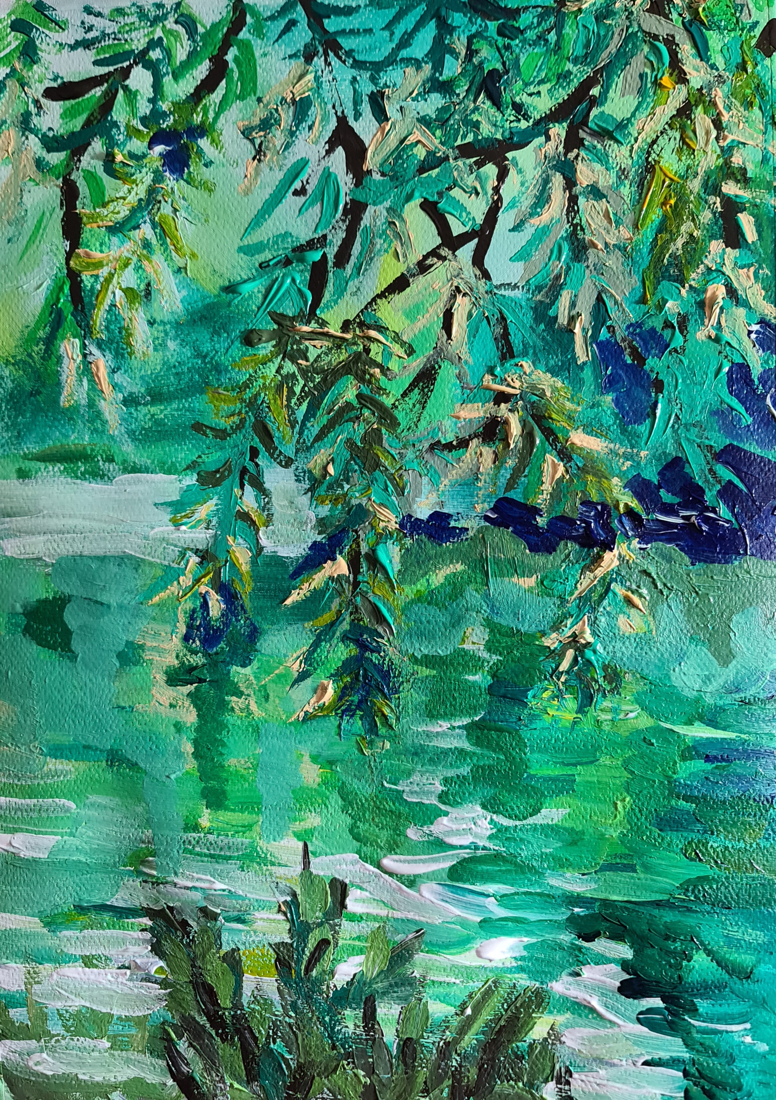 A painting of tree branches over water