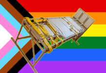 Sexual Sanism: Why Anti-Queer Rhetoric Is a Threat to the Mad, Too A hospital bed with restraints. The background is a pride flag with all colors.