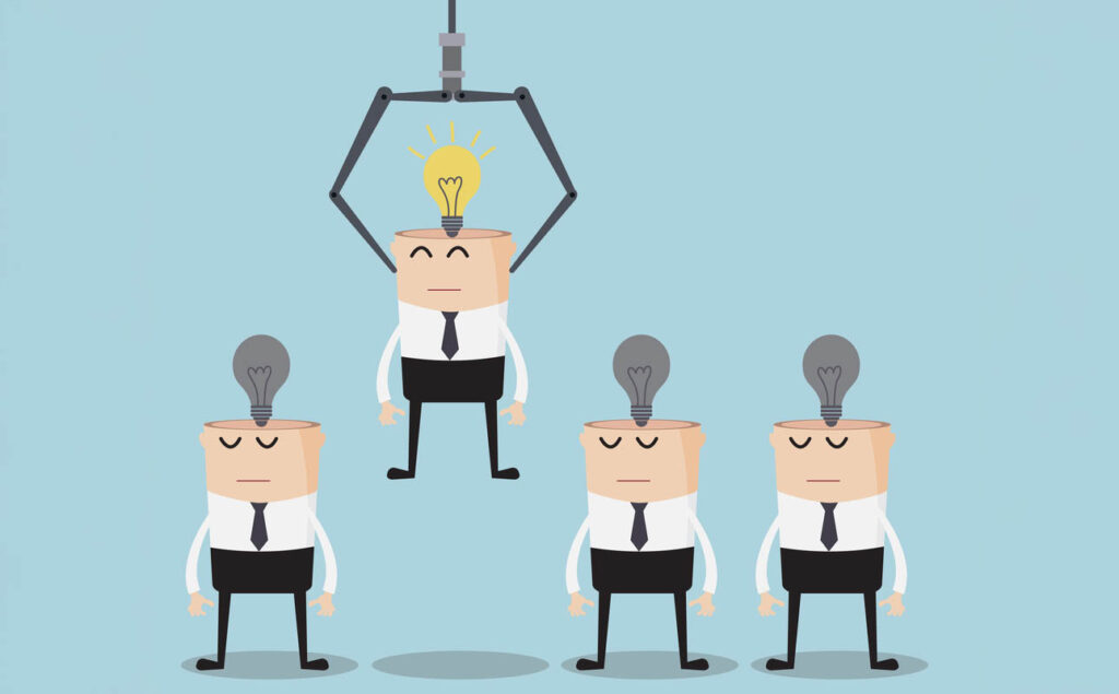 Vector illustration of businessmen on an assembly line with burned out light bulbs on their heads; one is being picked up by a robotic arm and has a lit lightbulb.
