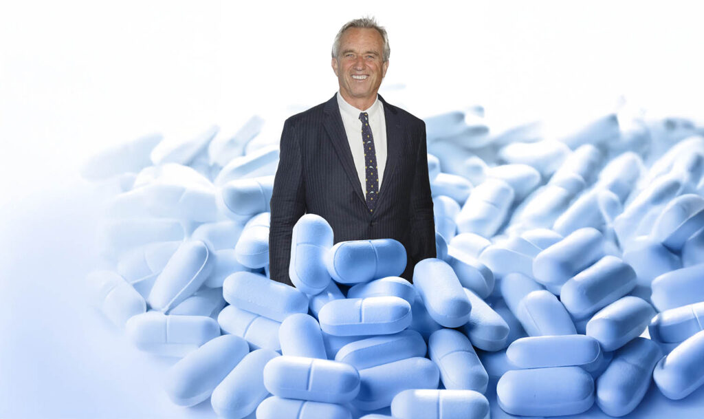 A photo of RFK Jr. emerges from a pile of blue pills