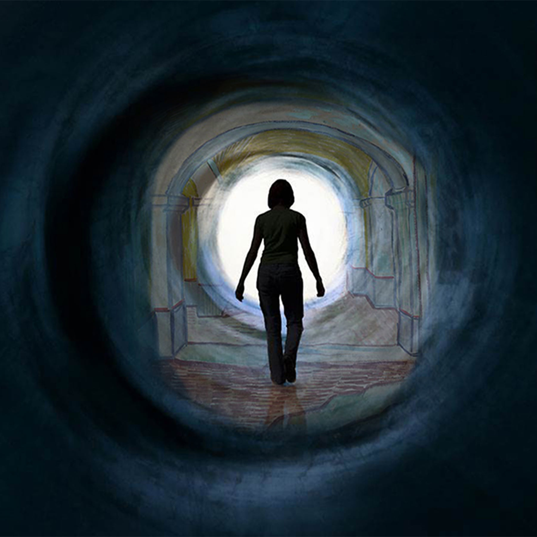 A silhouette of a person in a dark tunnel, moving toward a circle of light