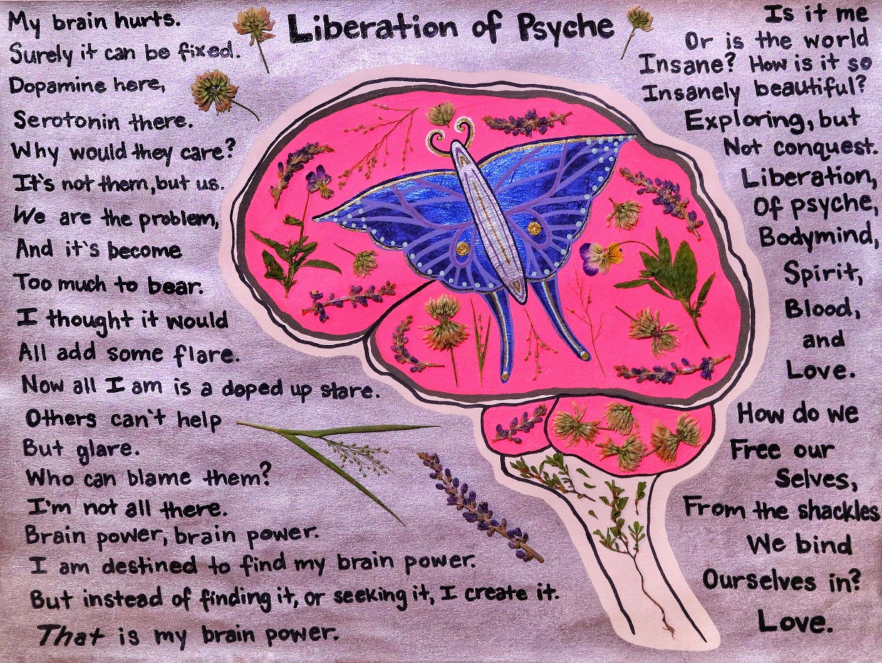An image of a bright pink brain full of flowers and a blue butterfly