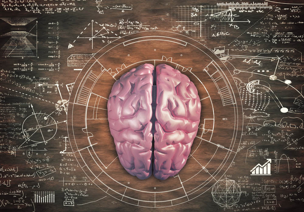 Brain against a wooden table full of math formulas.