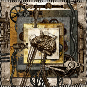 Square sepia illustration of a brain machine
