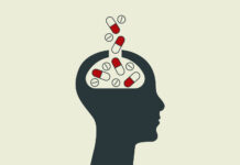 America’s Unhealthy Relationship with Antidepressants Vector illustration; profile of person with capsules falling into their head