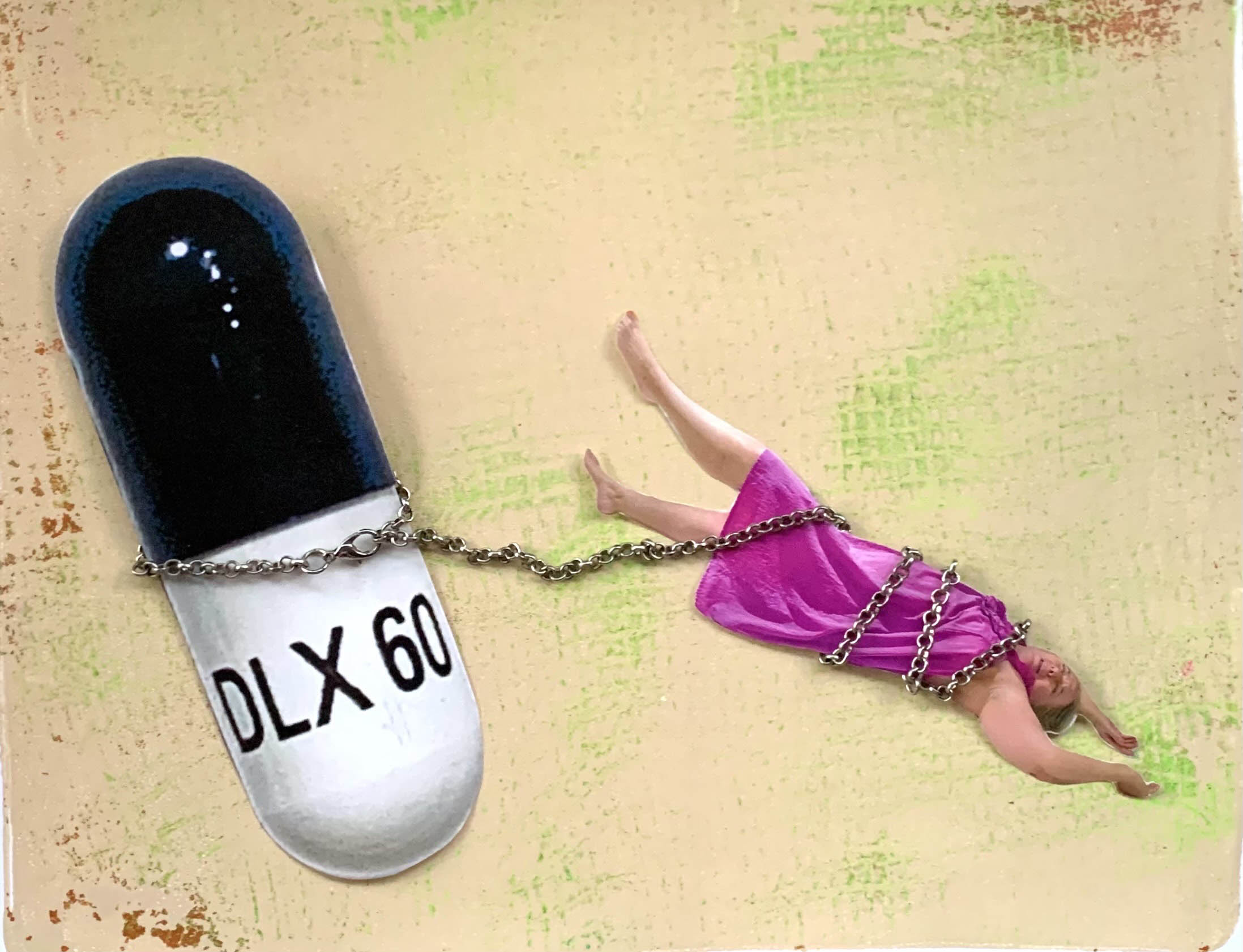 Collage. A woman chained to a giant pill