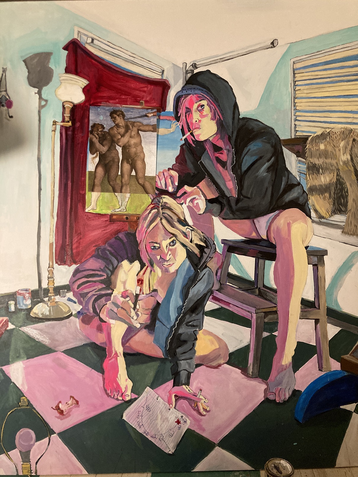 A colorful painting of two women, one wearing a hooded jacket and seated on a stool, picking at the hair of one sitting on the floor.