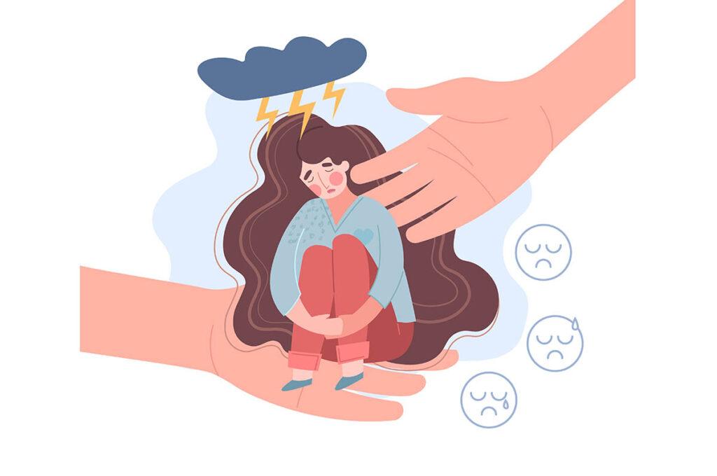 Empathy concept with nurturing hands reaching down to sustain a sad young woman in deep depression sitting under a thunder cloud with crying emoticons, vector illustration