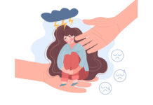 The Roots of Emotional Illness: Emotional Conditioning Empathy concept with nurturing hands reaching down to sustain a sad young woman in deep depression sitting under a thunder cloud with crying emoticons, vector illustration