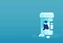 Antidepressant Withdrawal Is Common and Debilitating Vector of a sick sad patient man in depression drowning in medications sitting inside a bottle.