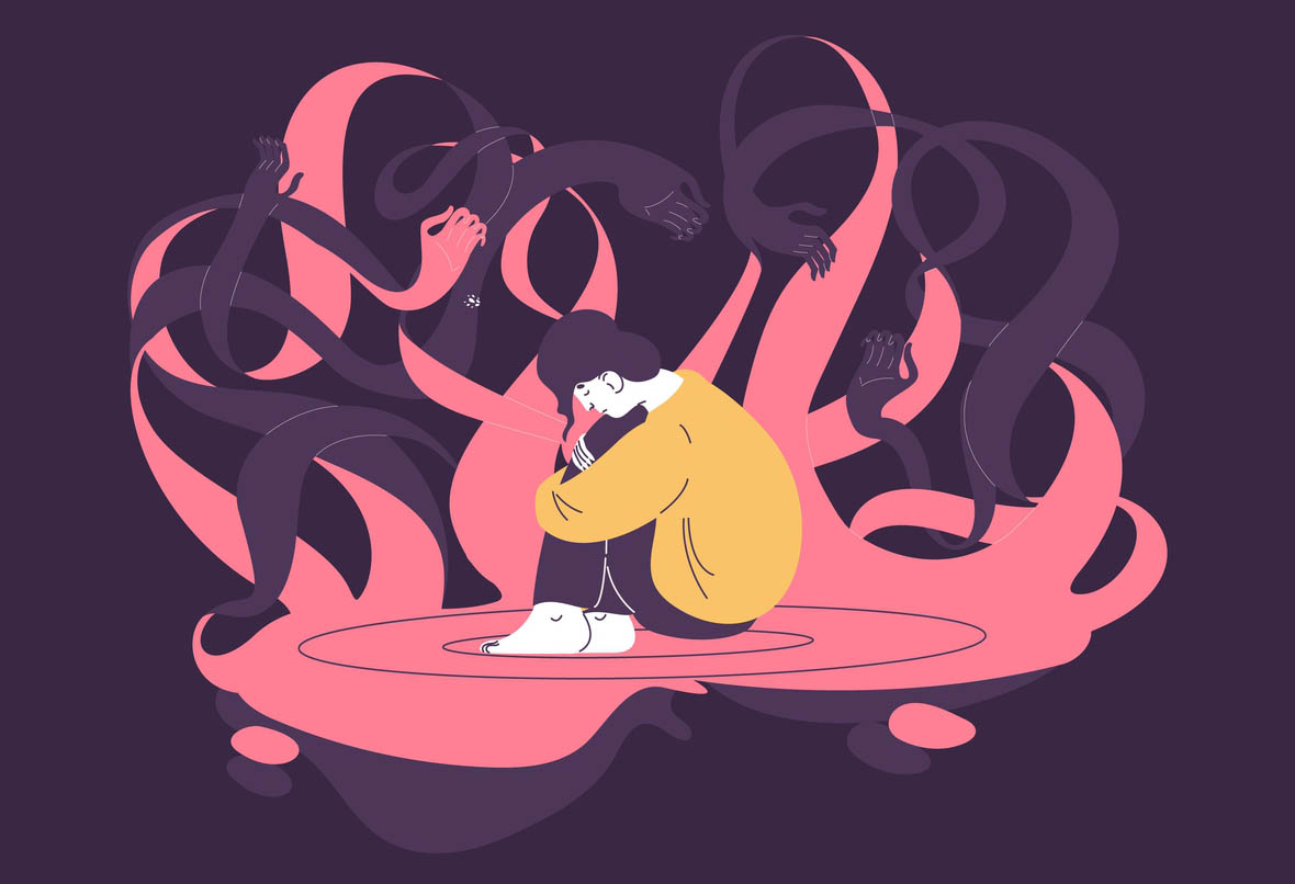 Frightful hands and scared woman sitting frustrated.