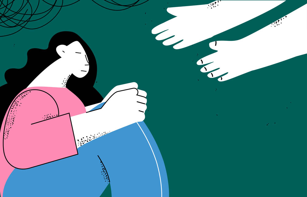 Illustration of sad person with hands reaching toward them