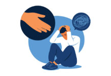 We Can’t Help People With Trauma If We Can’t Say Trauma Sad lonely man in depression. Vector illustration. Flat.