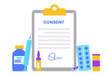 What Does Consent Mean in Practice? A Lived Experience Perspective Medical informed consent paper document with signature. Agreement with doctor and patient in clinic. Information and purposes of medical scientific research. Treatment in hospital vector illustration.