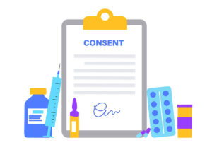 Medical informed consent paper document with signature. Agreement with doctor and patient in clinic. Information and purposes of medical scientific research. Treatment in hospital vector illustration.