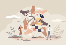 A Relationship Imbalance, Not A Chemical Imbalance Teamwork hands as work collaboration and partnership tiny person concept. Team work together with many partners for effective performance vector illustration. Project with job management and leading.