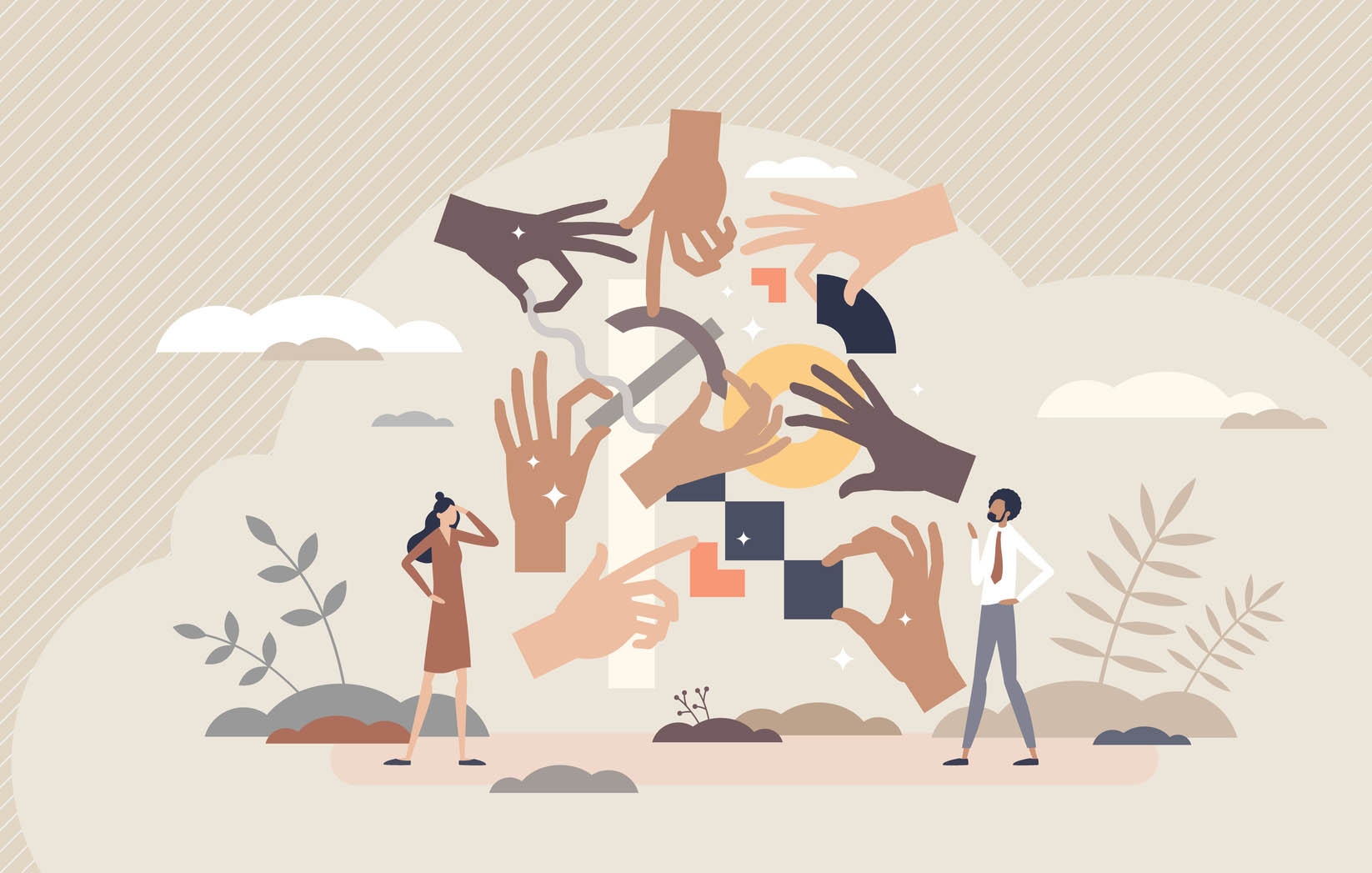 Teamwork hands as work collaboration and partnership tiny person concept. Team work together with many partners for effective performance vector illustration. Project with job management and leading.