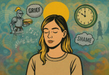 Conceptual Synaesthesia as Cognitive Literacy Illustration of a woman with eyes closed. Behind her float images like a knight, the words "grief" and "shame" and a clock.