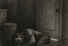 The Pill That Stays After the Panic Ends Black and white illustration, charcoal style, a man curled up on the bathroom floor in the dark