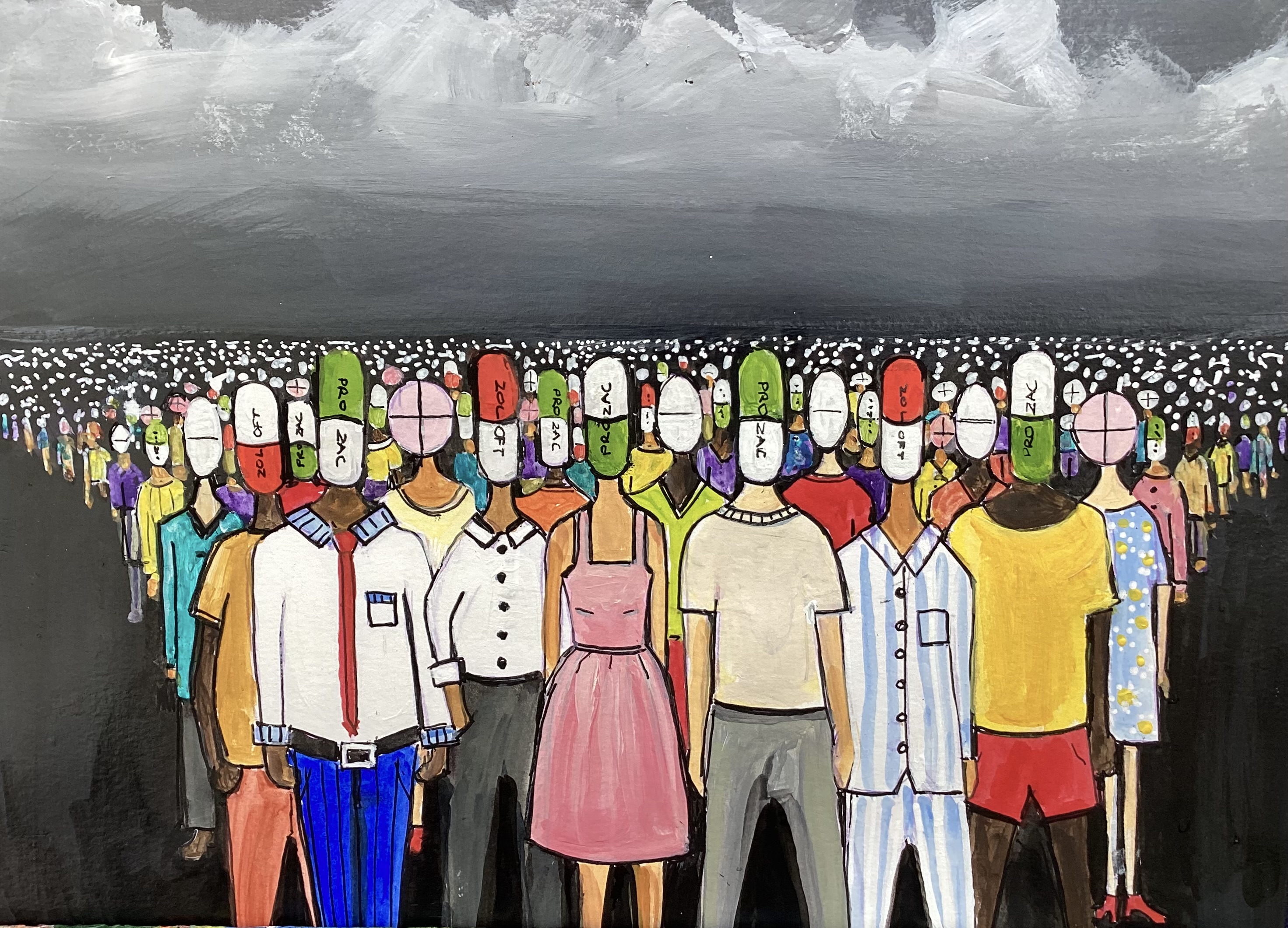A painting of masses of people wih Prozac and Zoloft capsules for heads