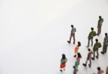 Where Did All the People Go? Miniature shot. People crowded in the lower right corner, walking