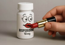 Confessions of an Ad Writer: How I Helped Turn Atypical Antipsychotics into a Billion-Dollar Industry A hand puts lipstick and a face on a risperidone bottle