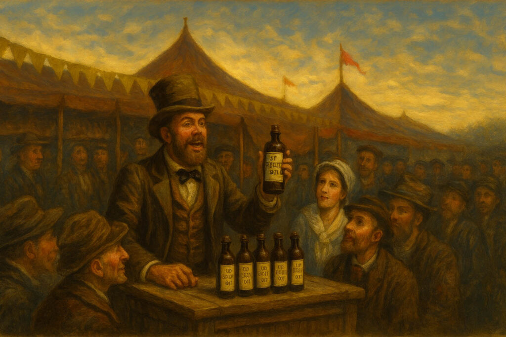 Illustration of an old-time snake oil salesman at a fair