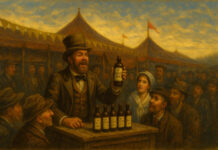 The Vanity Fair of Magic Potions Illustration of an old-time snake oil salesman at a fair