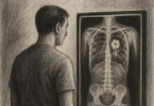 My PTSD Is Mine Only AI-generated illustration of a man looking at an x-ray with a flower where the heart should be. Black and white charcoal style.